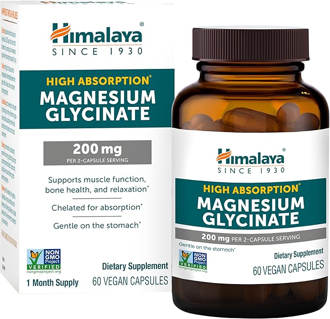 Himalaya Magnesium Glycinate, 60 Vegan Capsules, High Absorption Dietary Supplement for Muscle Function, Bone Health, and Relaxation, Chelated, Non-GMO, Gluten-Free, 200mg per 2 Capsule Serving