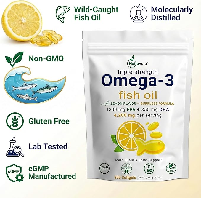 Triple Strength Omega-3 Fish Oil – 4200 mg Per Serving with 1300 mg EPA + 850 mg DHA – Lemon Flavor Burpless Formula – Wild-Caught, Non-GMO, Gluten-Free – 300 Softgels