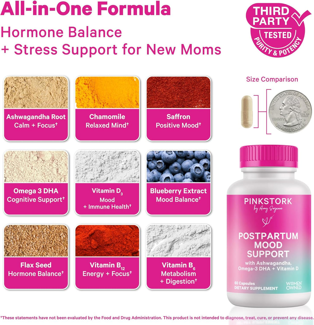 Pink Stork Postpartum Mood Support - Postnatal Hormone Balance for Women - Breastfeeding Friendly - Stress & Cognitive Support, New Mom Essentials - Ashwagandha, Chamomile, & Vitamin D, 60 Capsules