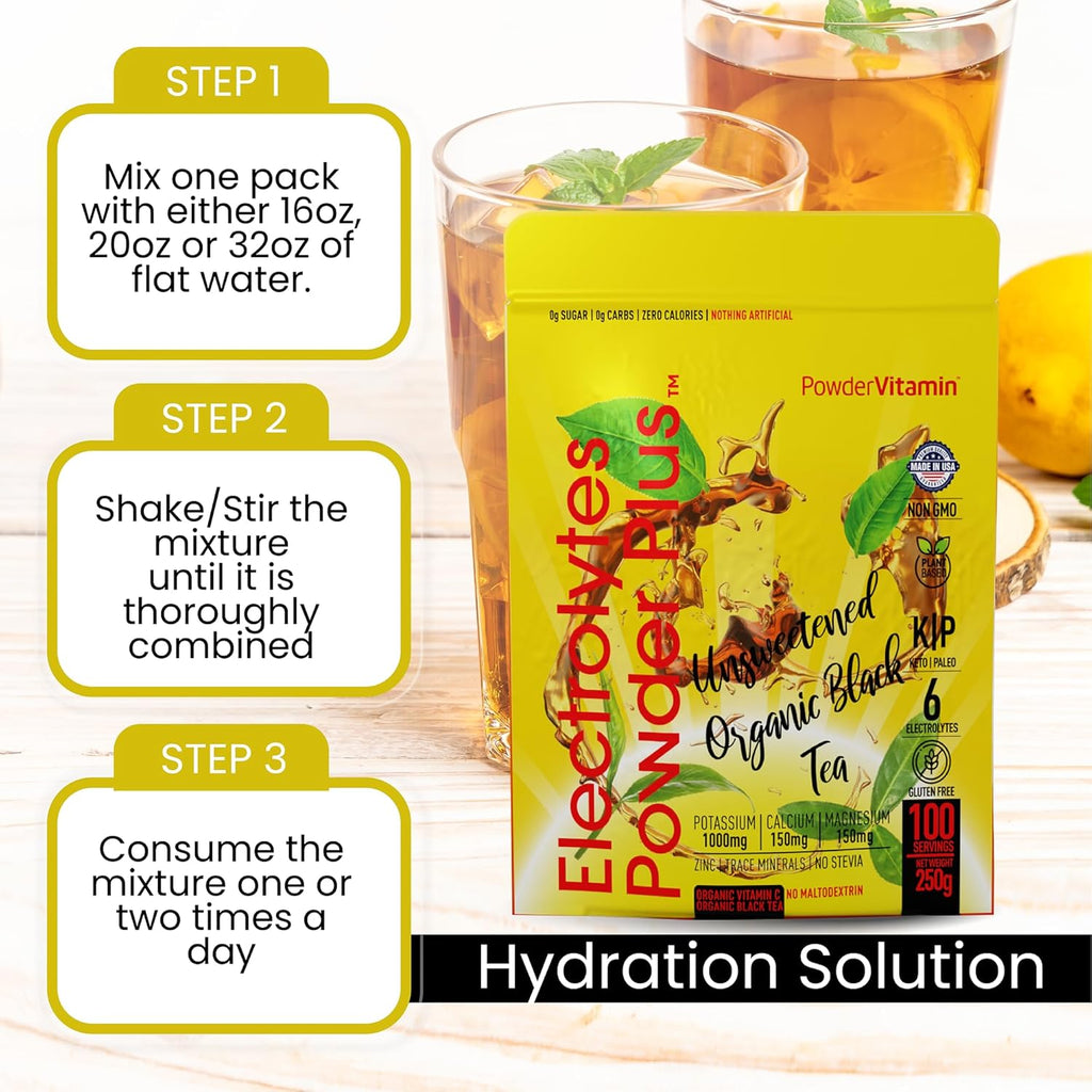PowderVitamin Electrolytes Powder Plus (100 Servings) Unsweetened Black Tea Electrolyte Powder Keto,SugarFree,Pink Himalayan Salt,1000mgPotassium,150mgCalcium,150mgMagnesium,Hydration Powder NO STEVIA