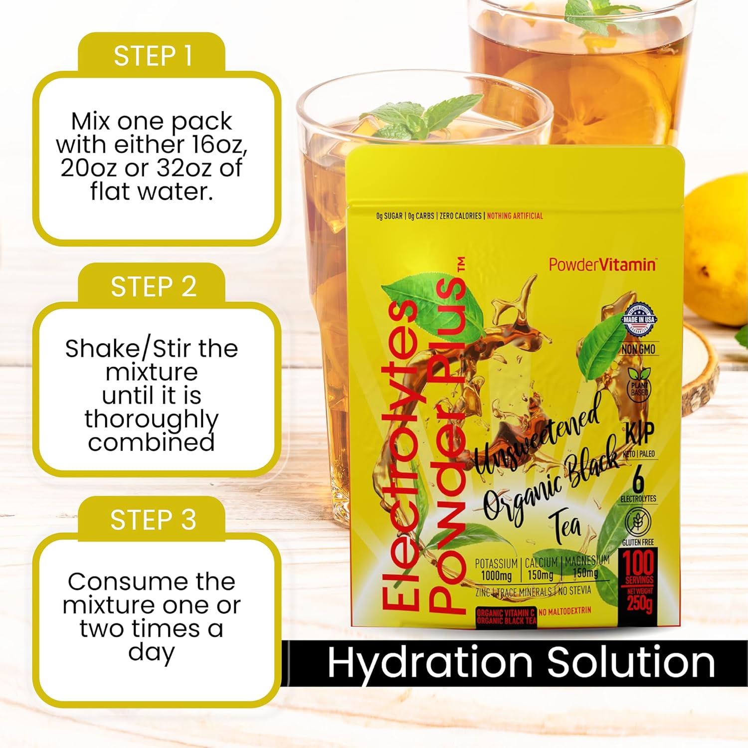 PowderVitamin Electrolytes Powder Plus (100 Servings) Unsweetened Black Tea Electrolyte Powder Keto,SugarFree,Pink Himalayan Salt,1000mgPotassium,150mgCalcium,150mgMagnesium,Hydration Powder NO STEVIA