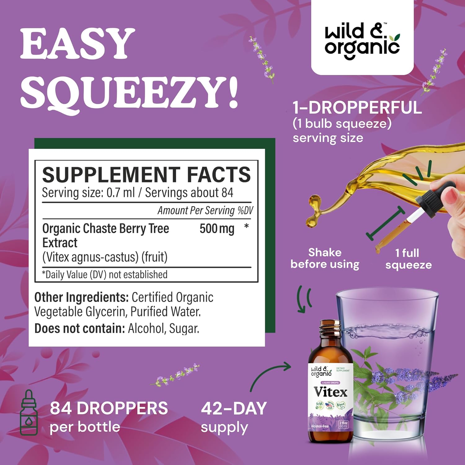 Wild & Organic Vitex Tincture - Vitex Chasteberry Supplement for Women - Liquid Chaste Tree Supplement for Mood Support - Vegan, Sugar & Alcohol-Free Berry Extract Drops - 2 fl oz