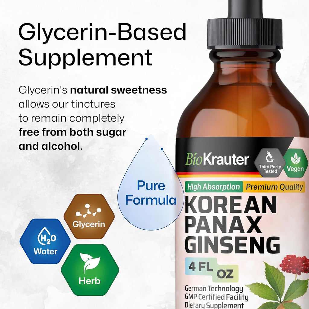 BIO KRAUTER Korean Red Ginseng Extract Liquid - Alcohol & Sugar Free Panax Ginseng Supplement - Vegan Immune Support Supplement - 4 Fl. Oz.