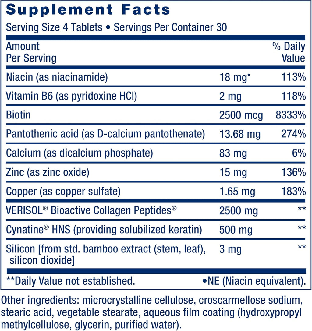 Life Extension Hair, Skin & Nails Collagen Plus Formula - Promotes Collagen & Keratin Health - with Niacin, Vitamin B6, Biotin, Calcium & Zinc - Non-GMO – 120 Count(Pack of 1)