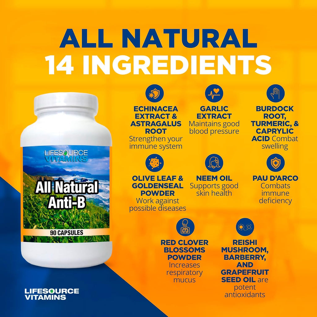 LifeSource Vitamins All Natural Anti-B for Immune Support, 14 All Natural Ingredient with Echinacea & Garlic Extract, 90 Immune Defense Capsules.