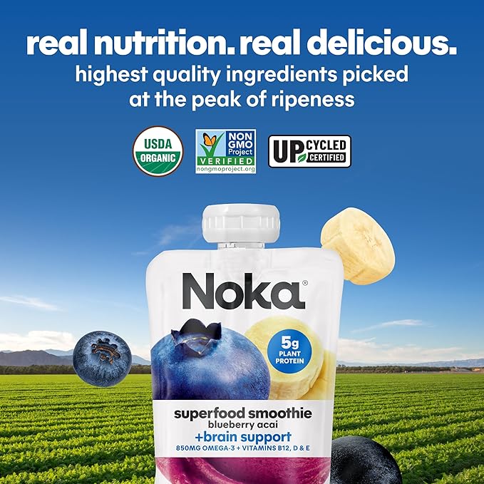 Noka Superfood Fruit Smoothie Pouches Ready to Drink with Brain Support, Healthy Snacks w/ 850mg Omega-3 Flax Seed Plant Protein Vegan Gluten Free Organic Fruit Squeeze Pouch Blueberry Acai 4.22 oz 12 Count