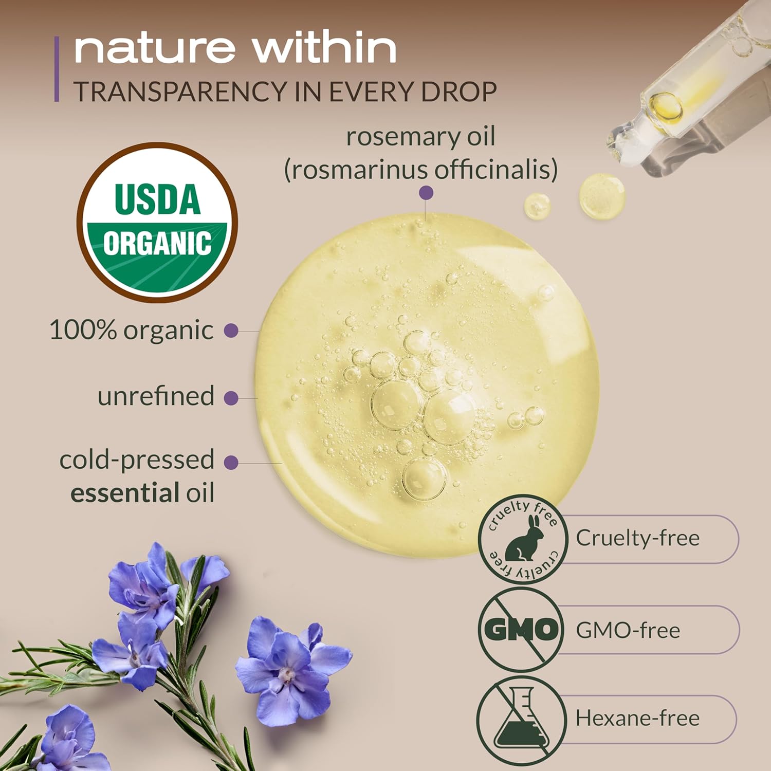 Ella & Eden Rosemary Oil for Hair 100% Pure, Steam-Distilled, Hexane-Free | USDA Certified Organic Rosemary Essential Oil for Skin Aromatherapy in a Glass Bottle, 4 Oz
