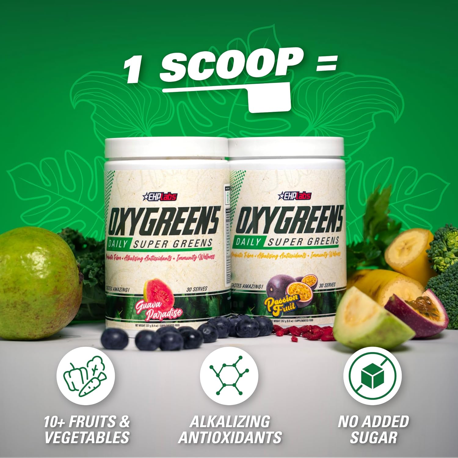 EHP Labs OxyGreens Super Greens Powder - Spirulina & Chlorella Superfood, Green Juice Powder & Greens Supplements with Prebiotic Fibre, Antioxidants & Immunity Support, 30 Serves (Guava Paradise)