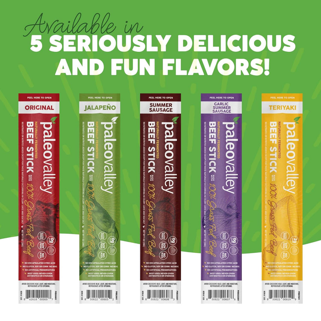Paleovalley 100% Grass Fed Beef Sticks - Delicious Gluten Free Beef Snack - High Protein Keto Friendly, 50 Count Variety Pack