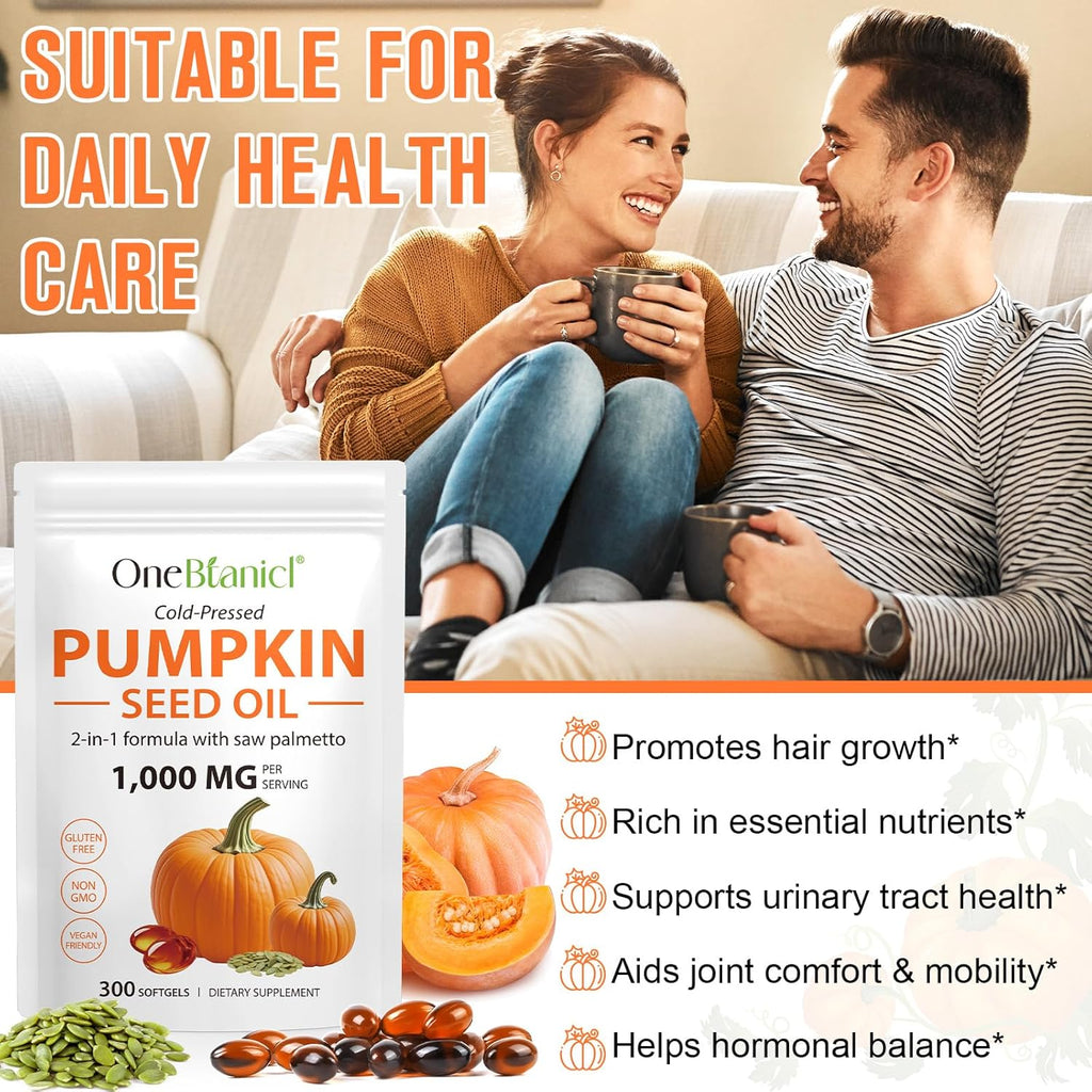 Pumpkin Seed Oil with Saw Palmetto, 2-in-1 Formula 300 Softgels, Cold Pressed, Pure Virgin Oil, Supports Hair, Urinary, Bladder & Prostate Health, Non-GMO