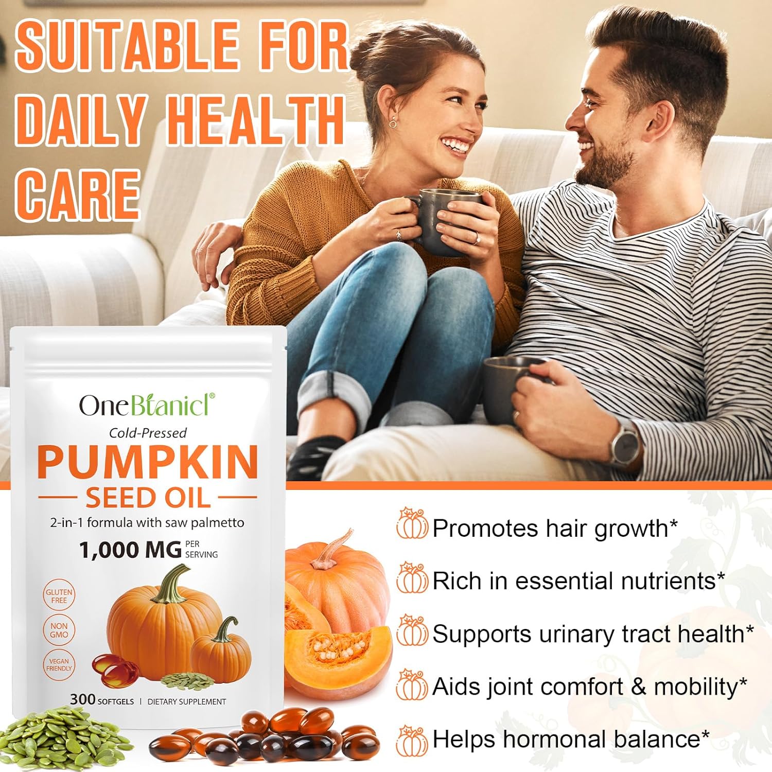 Pumpkin Seed Oil with Saw Palmetto, 2-in-1 Formula 300 Softgels, Cold Pressed, Pure Virgin Oil, Supports Hair, Urinary, Bladder & Prostate Health, Non-GMO