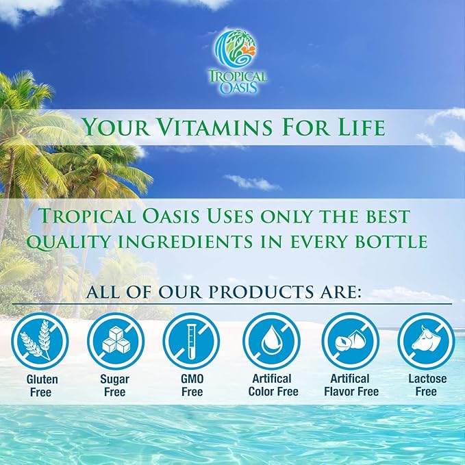 Tropical Oasis Mega Plus - Liquid Multivitamin and Mineral Supplement – Includes 85 Vitamins & Minerals, 20 Amino Acids + CoQ10, Grape Seed Extract & Organic Aloe Vera - 32oz, 32 Servings, 33460
