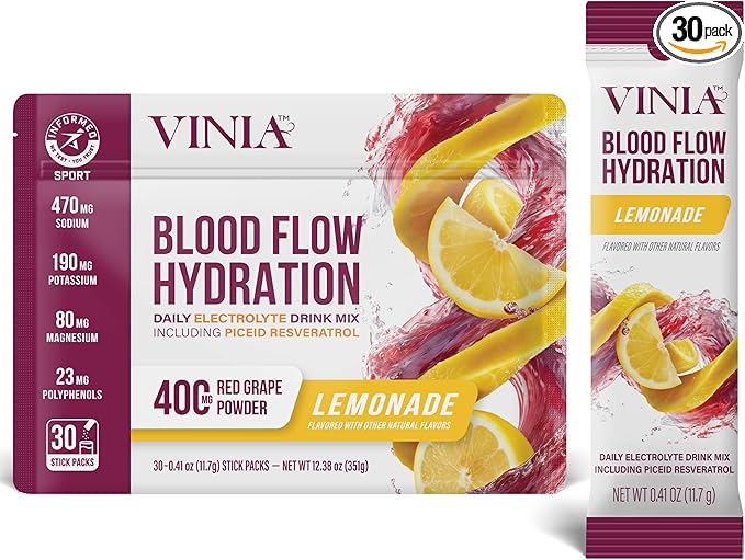 VINIA Resveratrol Electrolyte Hydration Powder Mix, Lemonade | Boost Blood Flow & Circulation | Sea Salt, Coconut Water Potassium, Magnesium, Informed Sport Certified, 30 Sticks