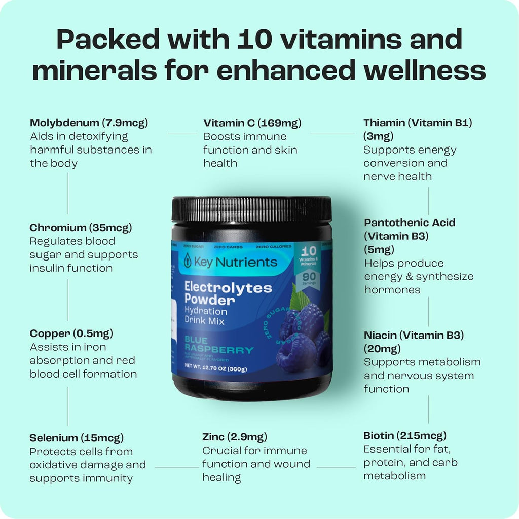KEY NUTRIENTS Multivitamin Electrolytes Powder No Sugar - Sweet Blue Raspberry Electrolyte Powder - Endurance & Energy Supplement - Hydration Powder - No Calories - 90 Servings - Made in USA