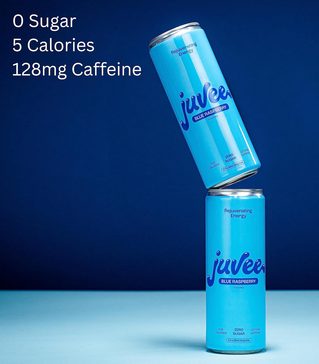 Juvee Rejuvenating Energy Drink. Sugar Free Energy Drinks. Taurine, Vitamin B12, Vitamin B6. 128 Mg Of Caffeine. L-Theanine For Mood Support. Panax Ginseng For Focus. Vitamin C For Immune Support. Gluten Free 12 oz - 12 Pack - Blue Raspberry