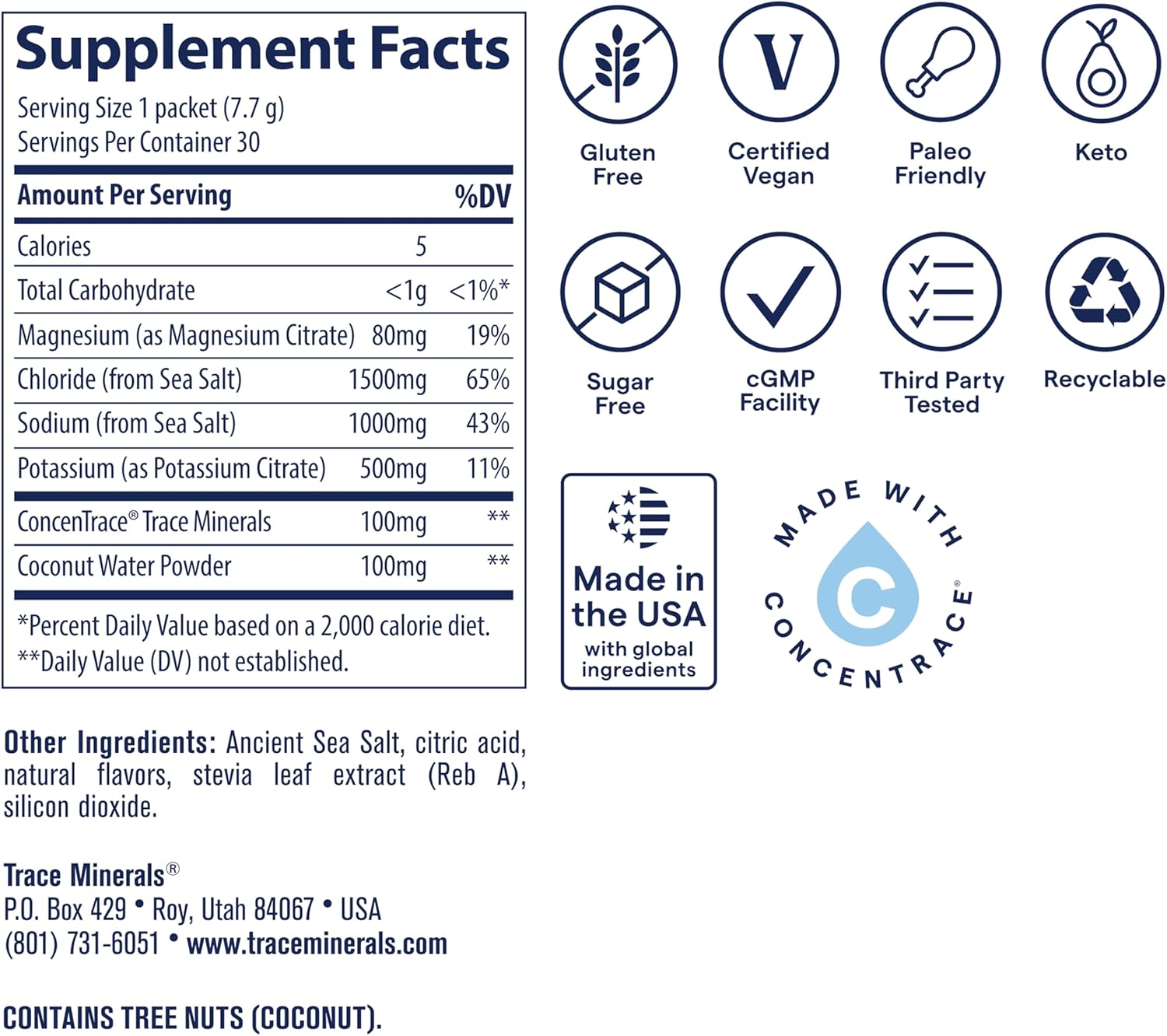 Trace Minerals ZeroLyte Salty Citrus Flavor - Sugar Free Electrolyte Drink Mix - Supports Hydration, Energy, Stamina - Ancient Sea Salt, Full Spectrum Minerals, Coconut Water - 30 Packets