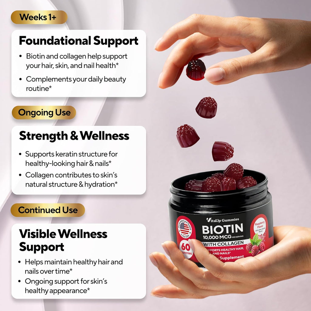 Biotin Gummies 10000mcg for Women and Men - Extra Strength Hair, Skin and Nails Gummies with Collagen - Natural Biotin Gummy Supplement for Hair, Skin, Nails Support - 60 ct