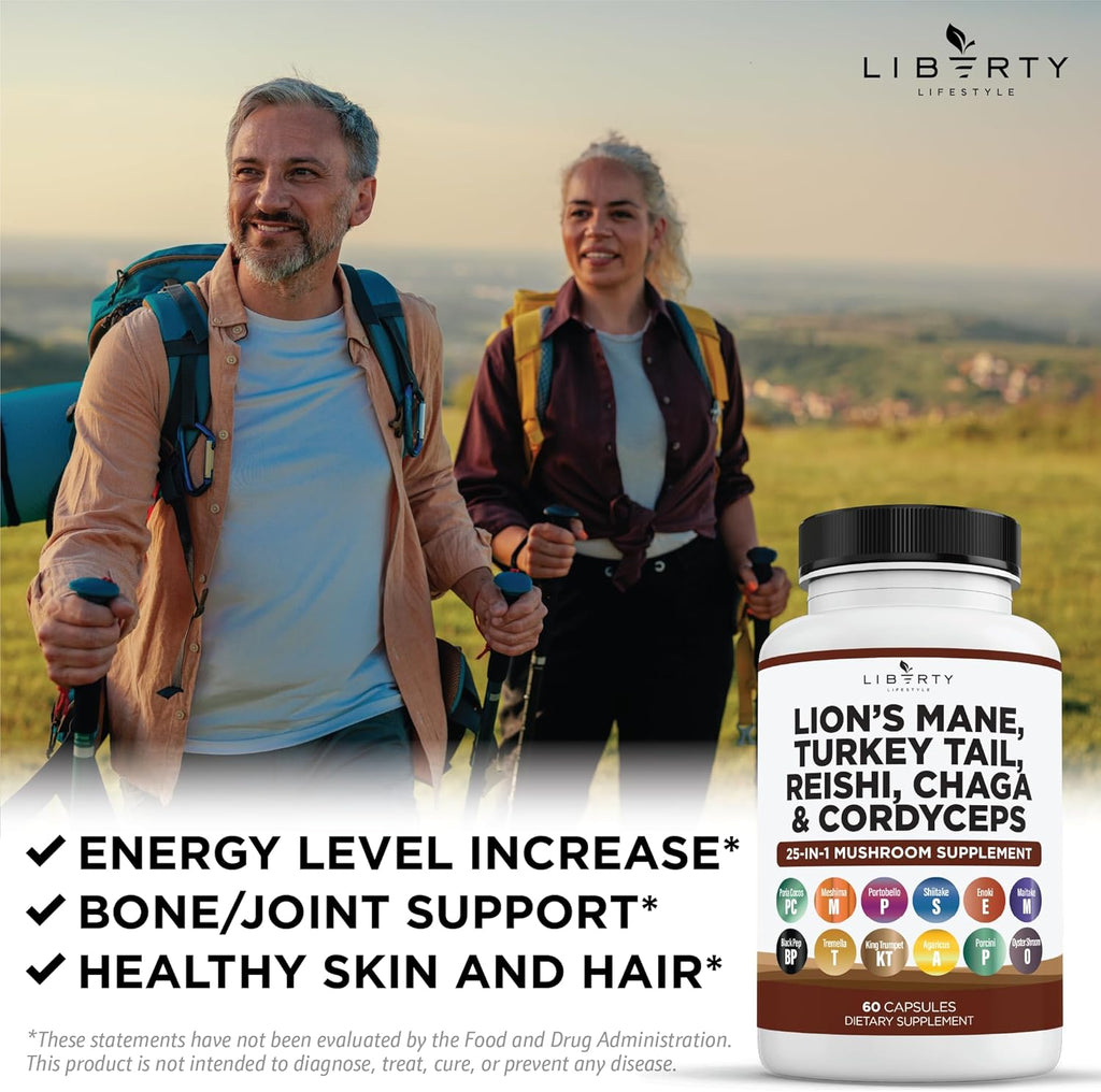 Lions Mane Mushroom Supplement with Turkey Tail Reishi Cordyceps Chaga with Marshmallow Root - 2-Pack