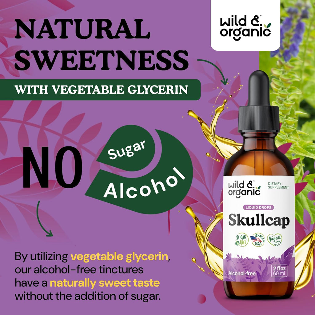 Wild & Organic Skullcap Tincture - Relaxation, Good Mood, Calmness - Liquid Skullcap Herb Supplement - Vegan, Sugar & Alcohol-Free Drops - 2 fl oz