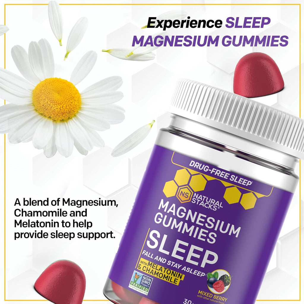 Sleep Magnesium Gummies with Melatonin - 200mg Magnesium Citrate - Melatonin Gummies for Sleep Quality - Nighttime Aid for Adults with Chamomile - 30 Mixed Berry Chewables