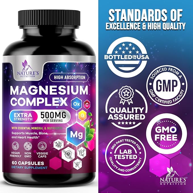 Magnesium Complex Supplement 500 mg - 5 in 1 High Absorption Blend, 100% Chelated Magnesium Glycinate & Malate Plus Citrate, Oxide, Aquamin - Non-GMO, Vegan Formula, Mag Complex Capsules - 60 Count
