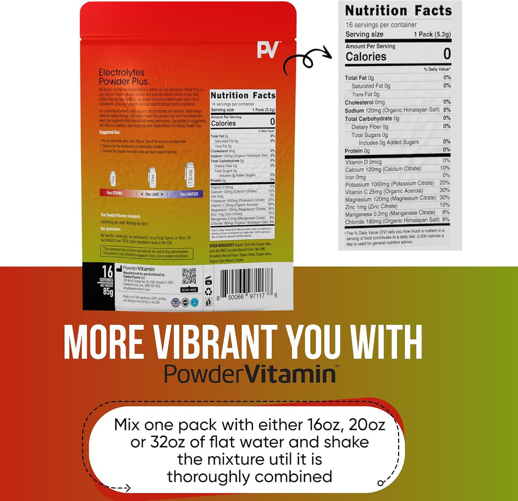 PowderVitamin Electrolytes Powder Plus, Keto, Strawberry Cucumber, Sugar Free, Pink Himalayan Salt, 1000mg Potassium, 120mg Calcium, 120mg Magnesium, Non-GMO, Zero Calories, (16 Hydration Packets)