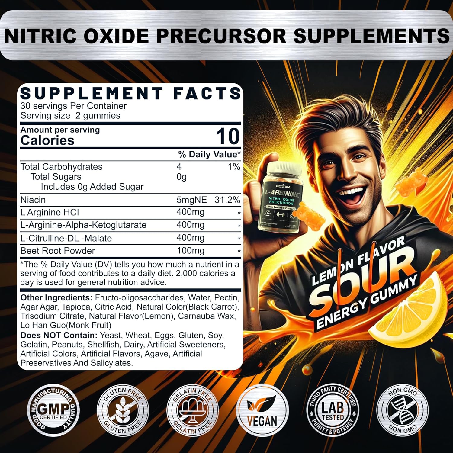 Sugar Free L Arginine Nitric Oxide Gummies 1300mg for Men & Women with L Citrulline, Beet Root, B3 | L Arginine L Citrulline Supplements | Vegan, 120 Counts