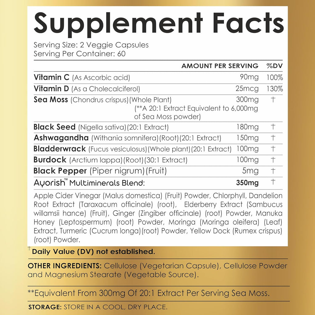 Sea Moss Capsule 30:1 High Strength 6000mg Equivalent Per Servings, Black Seed Oil Ashwagandha Ginger Capsules, Turmeric, Moringa, Bladderwrack, Burdock Root, Manuka Honey, Cinnamon 120 Count