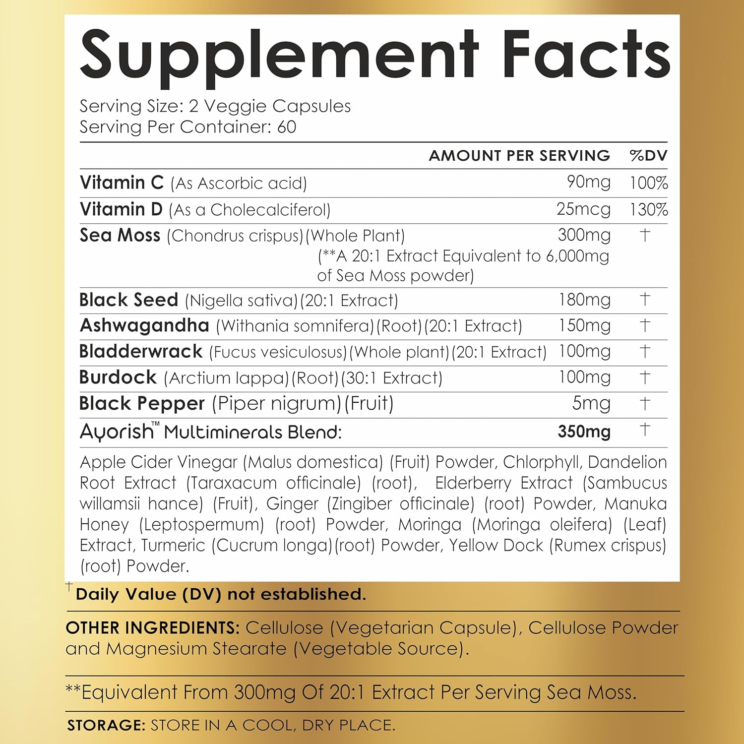 Sea Moss Capsule 30:1 High Strength 6000mg Equivalent Per Servings, Black Seed Oil Ashwagandha Ginger Capsules, Turmeric, Moringa, Bladderwrack, Burdock Root, Manuka Honey, Cinnamon 120 Count