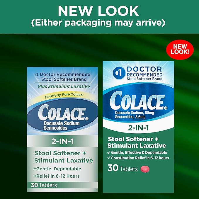 Colace 2-In-1 Stool Softener & Stimulant Laxative Tablets, Gentle Constipation Relief in 6-12 Hours, 30 Count