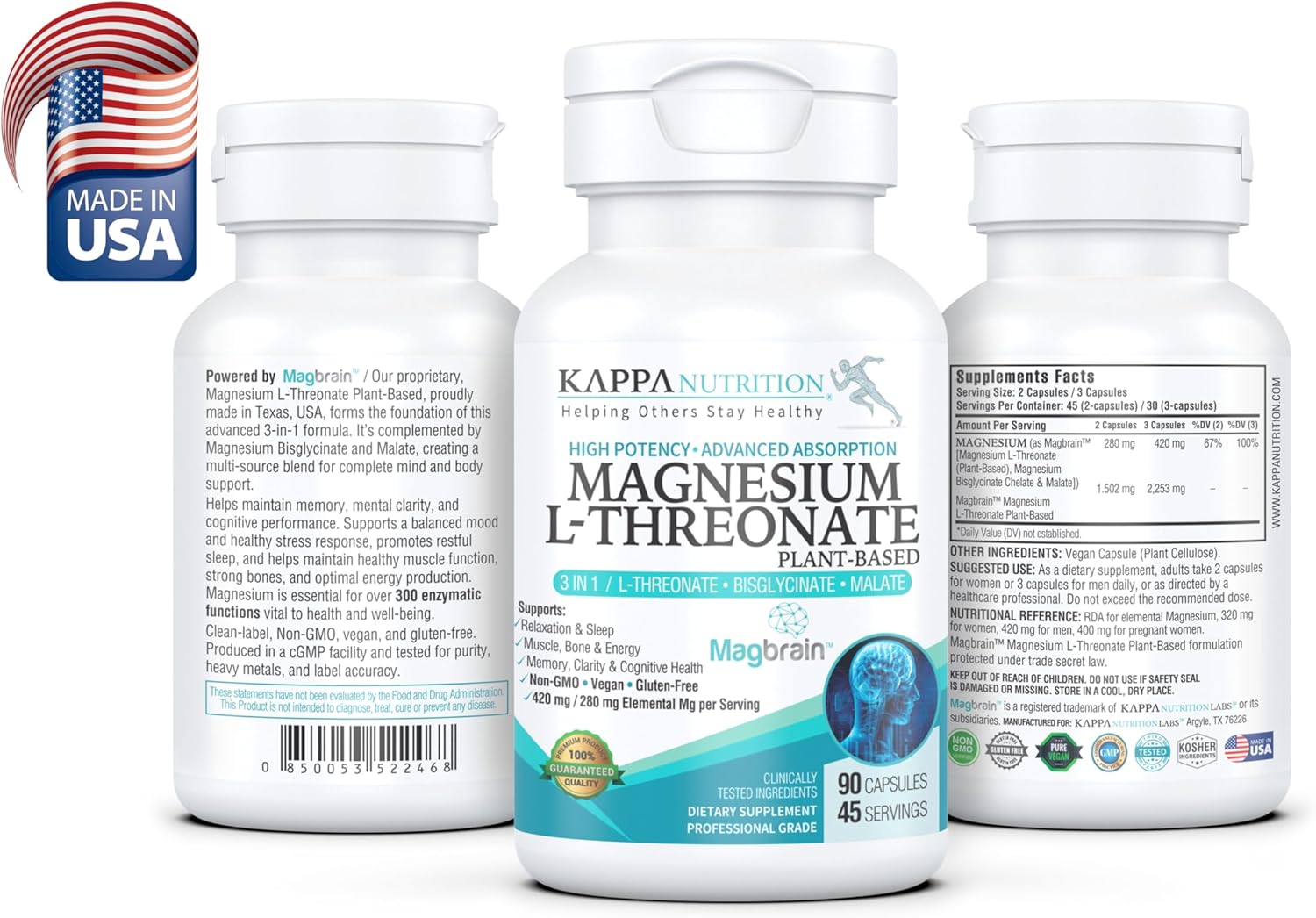 Kappa Nutrition Magbrain™ Magnesium L-Threonate Plant-Based, 420mg Elemental Magnesium (3 Capsules) from 2,253mg, 90 Vegan Capsules, Brain, Sleep & Muscle Support.