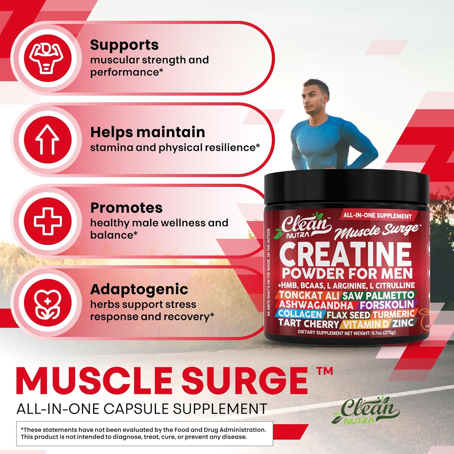Clean Nutra Creatine Powder for Men + HMB BCAA L Arginine L Citrulline Tongkat Ali Saw Palmetto Ashwagandha Collagen Flax Seed Turmeric Preworkout Stevia Nitric Oxide L Glutamine Amino Acids