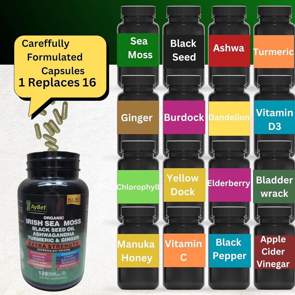 Organic Irish Sea Moss, Black Seed Oil, Ashwagandha, Turmeric,Ginger Capsule, Bladderwrack, Burdock, VIT C&VIT D3, Elderberry, Manuka Honey, Dandelion, Yellow Dock, Apple Cider Vinegar, Halal, Vegan