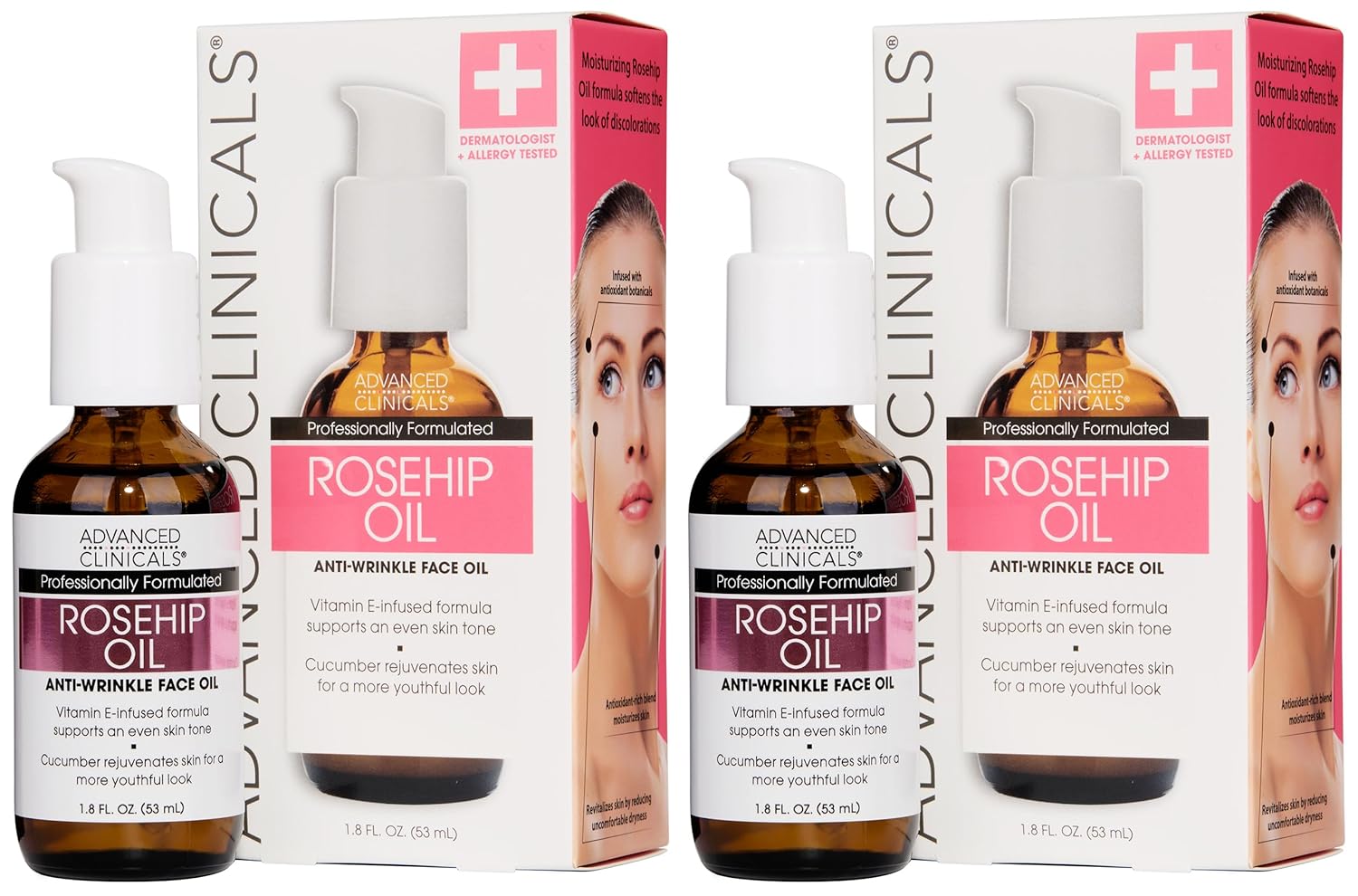 Advanced Clinicals Rosehip Oil For Face With Vitamin E + Botanicals Helps Improve Look Of Dark Spots, Wrinkles, Fine Lines, & Uneven Looking Skin Tone | Moisturizing Skin Care Face Serum, 2-Pack