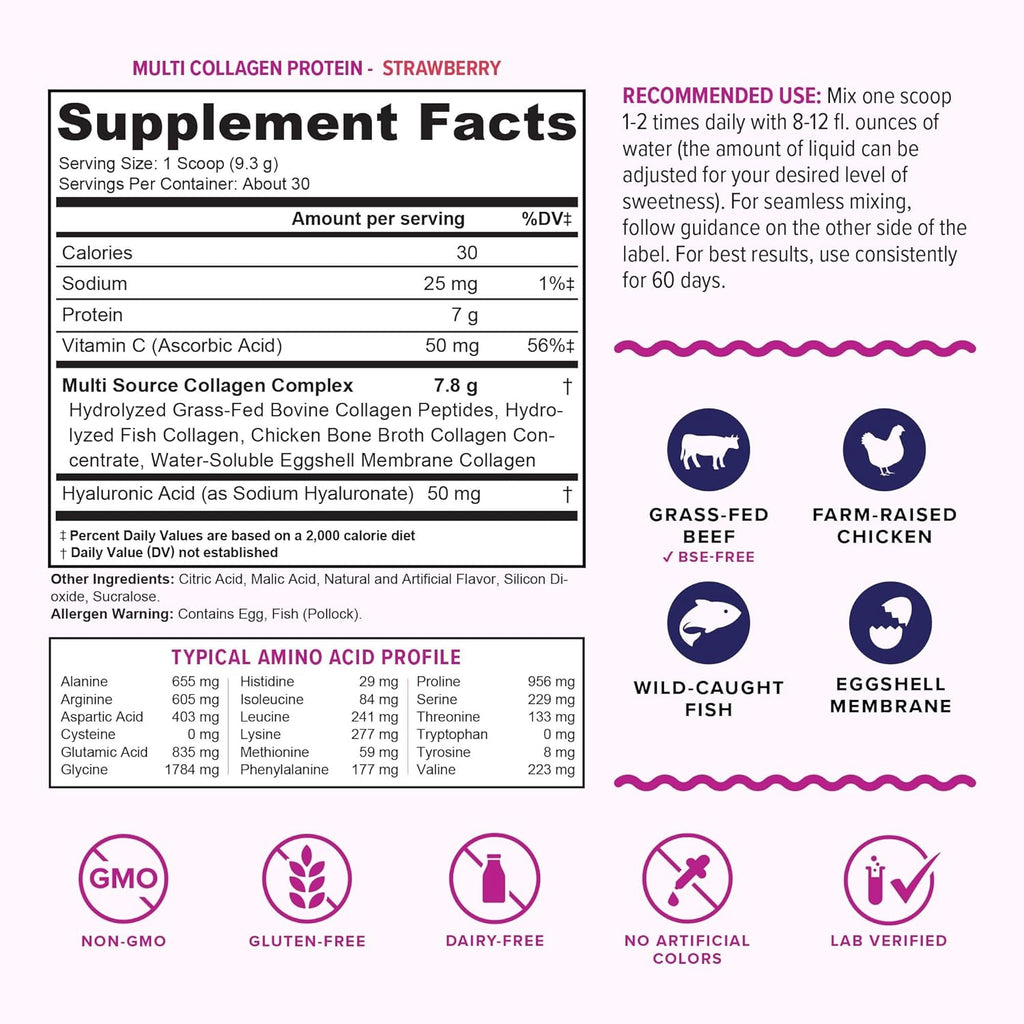 Multi Collagen Peptides Powder for Women - Hydrolyzed Flavored Collagen Powder for Women with Types I II III V & X Vitamin C & Hyaluronic Acid for Hair Skin and Nails (Strawberry) - 30 Servings