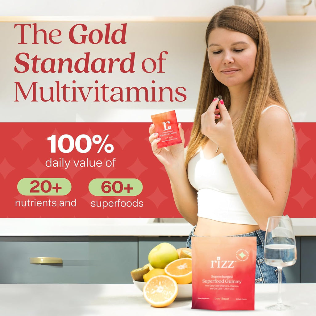 Rizz Low Sugar Green Gummies - 60+ Superfoods 6g Fiber - Prebiotic and Probiotic Gummies - Vegan Multivitamins for Women & Men - Gluten Free - Mushroom, Fruit and Vegetable Supplements - 30 Day Supply