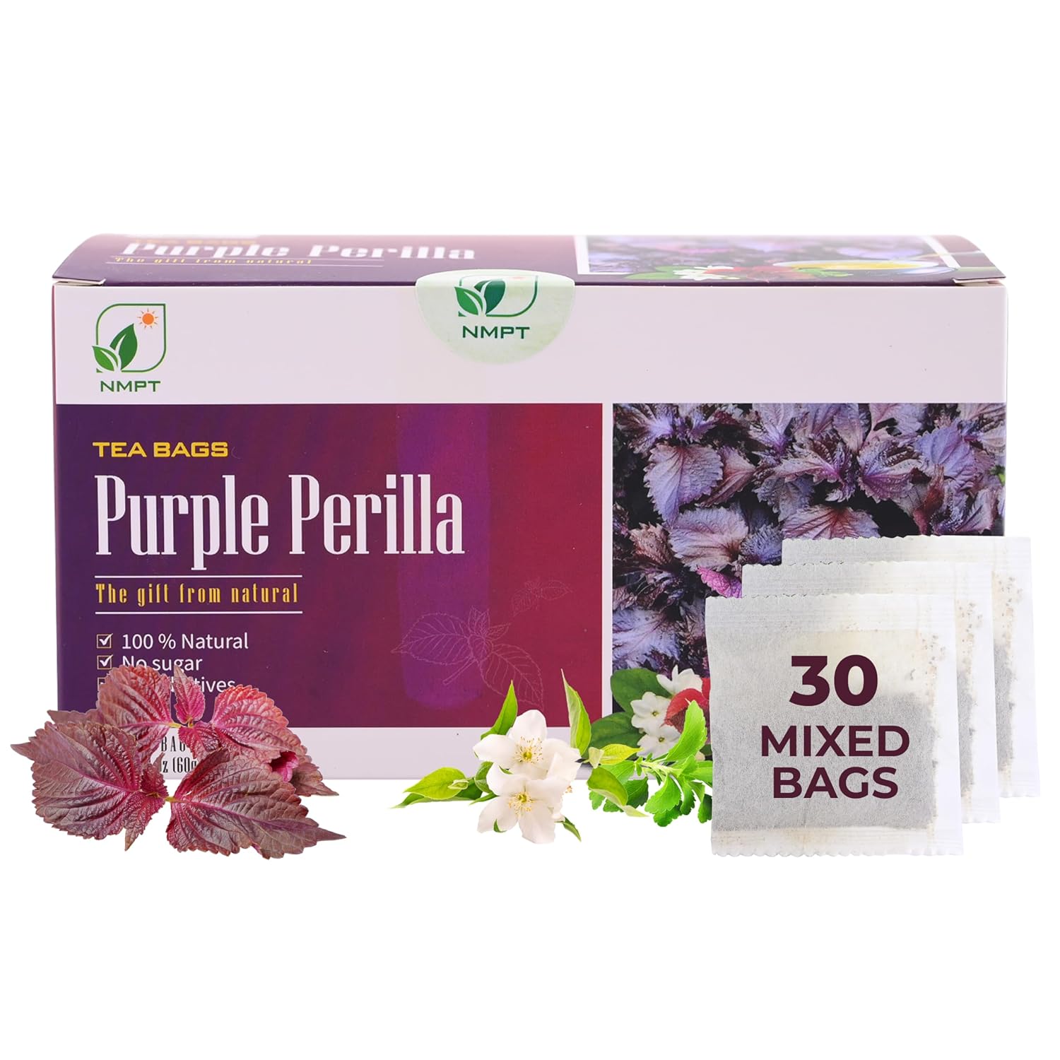 NMPT Dried Perilla Tea, Jasmine, Stevia, Hand Pick, Mixed Bags, Organic Herbal Tea, 30 Count, Gluten Free, Dairy Free, Sugar Free & 100% Natural, Energy Boost & Health Support