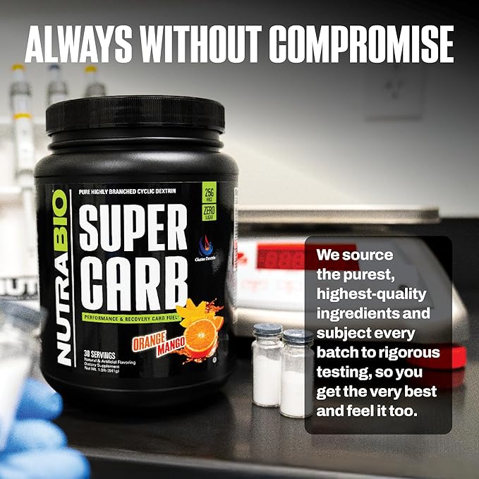 NutraBio Super Carb, Carbohydrate Powder with Cluster Dextrin & Electrolytes, Advanced Carb Supplement Powder for Workout Fuel, Performance, and Muscle Recovery, Cyclic Dextrin, Orange Mango, 30 Sv