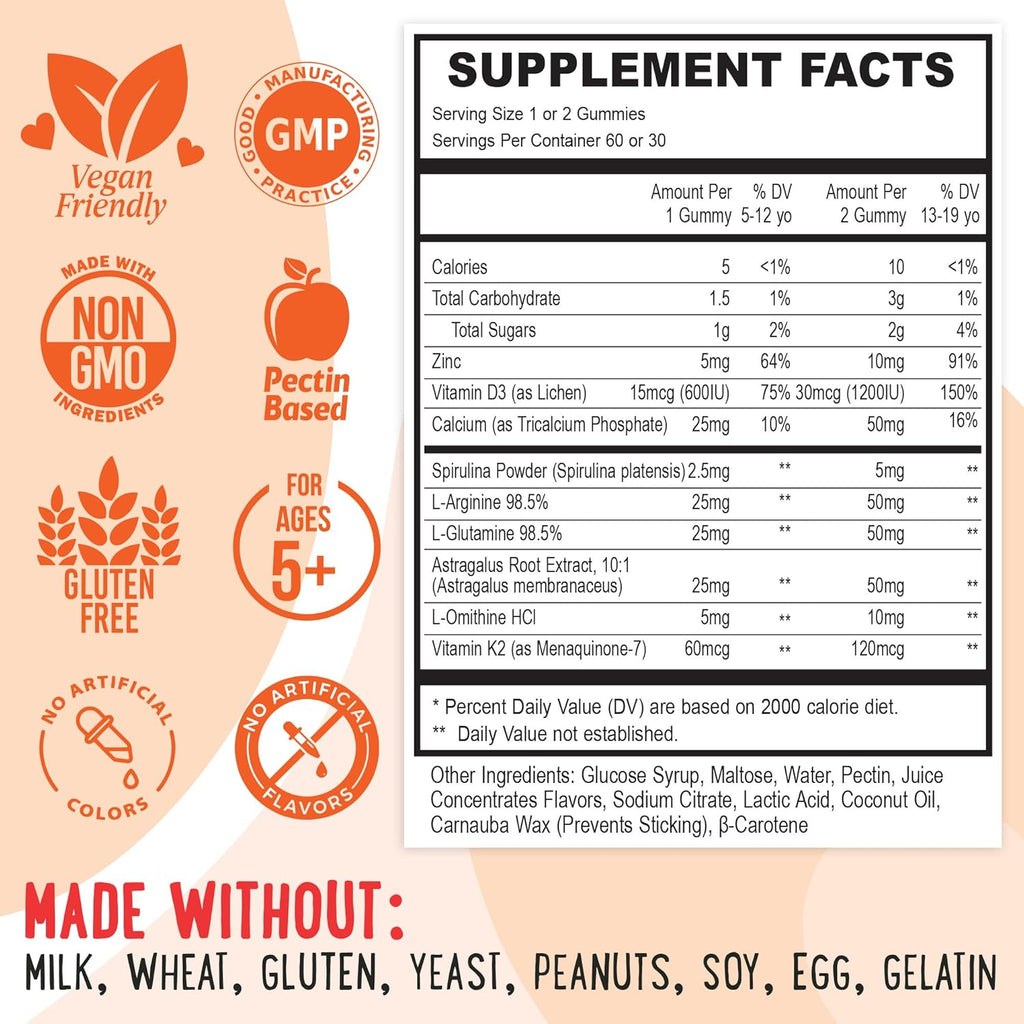 Center-Filled Bones & Growth Support Gummies - Supplement Vitamins for Kids & Teens with Calcium, Astragalus, D3, K2 & Omithine HCI - Peach & Mango - 60 Count
