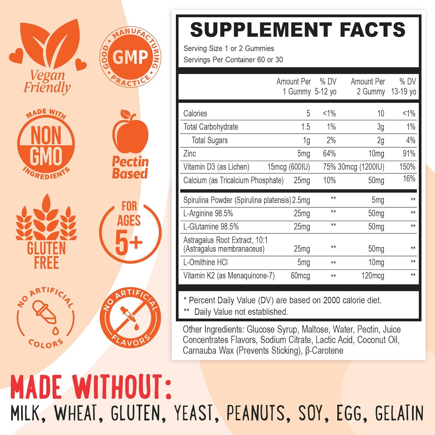 Center-Filled Bones & Growth Support Gummies - Supplement Vitamins for Kids & Teens with Calcium, Astragalus, D3, K2 & Omithine HCI - Peach & Mango - 60 Count