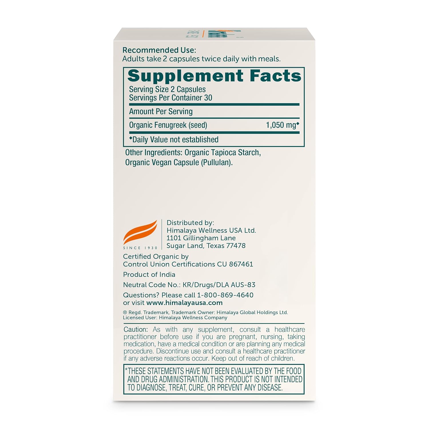 Himalaya Organic Fenugreek for Daily Wellness, Warming and Energizing Properties, 1,050 mg, 60 Vegan Capsules