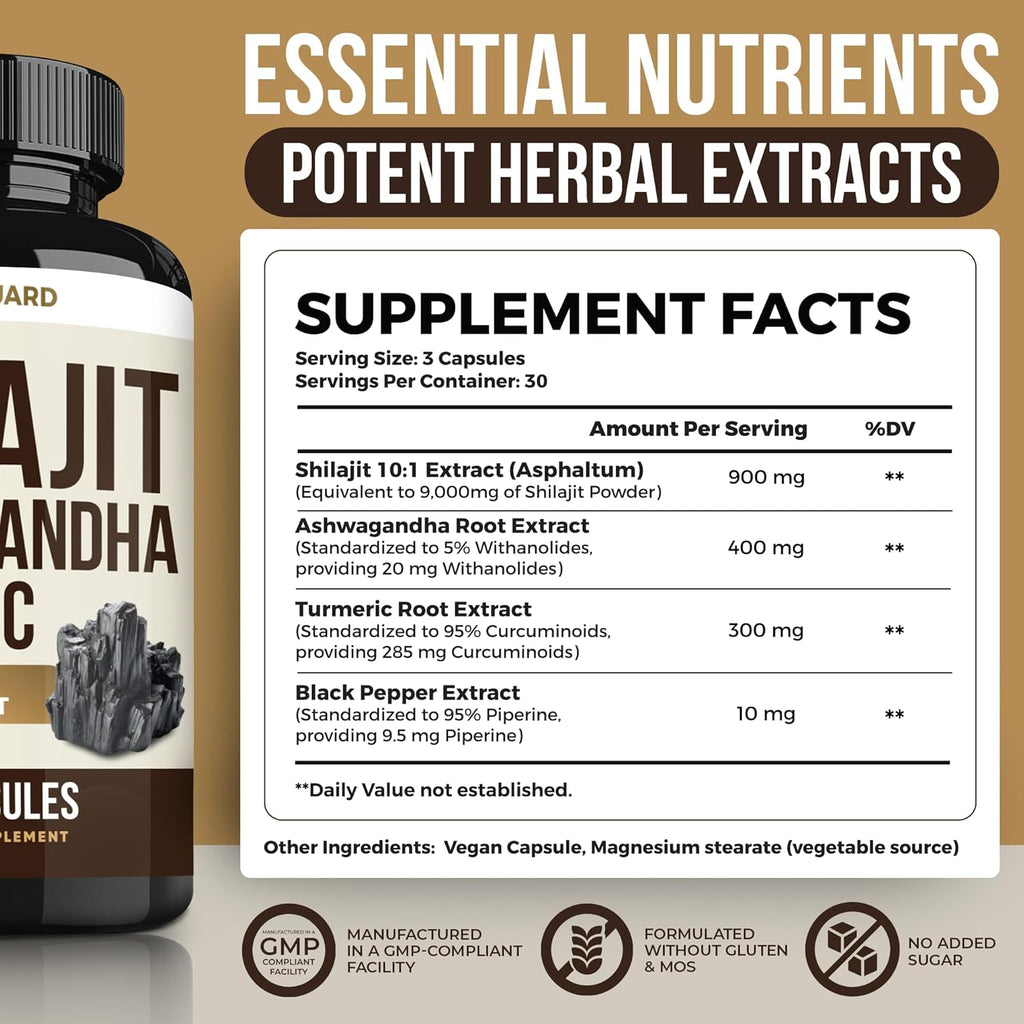 Himalayan Shilajit + Ashwagandha & Turmeric - 1610mg | Vegan Capsules with Fulvic Acid, 95% Curcuminoids & Black Pepper | Joint, Mood & Immune Support | 90 Count