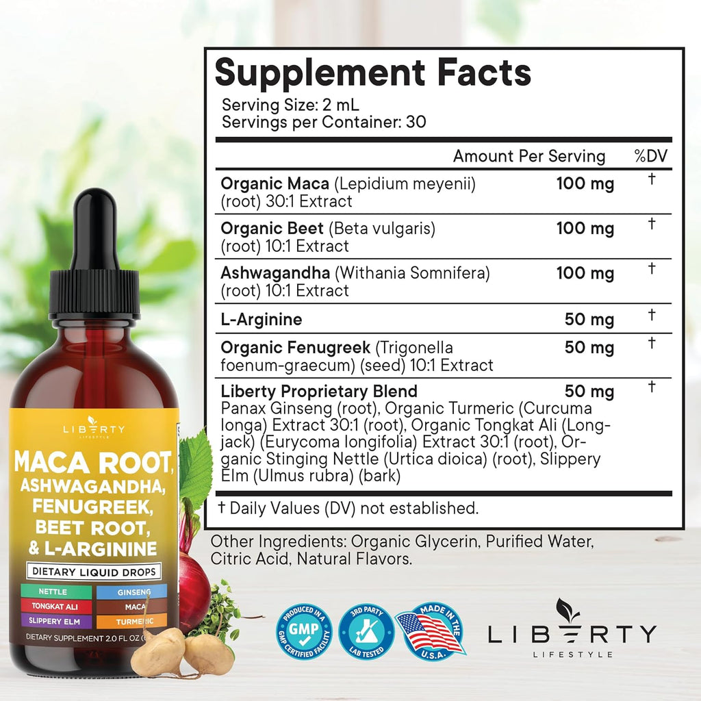 Organic Maca Root Liquid Drops with Ashwagandha, Nettle, Fenugreek, Beet Root and L-Arginine Liquid Multivitamin for Women and Men - 6oz