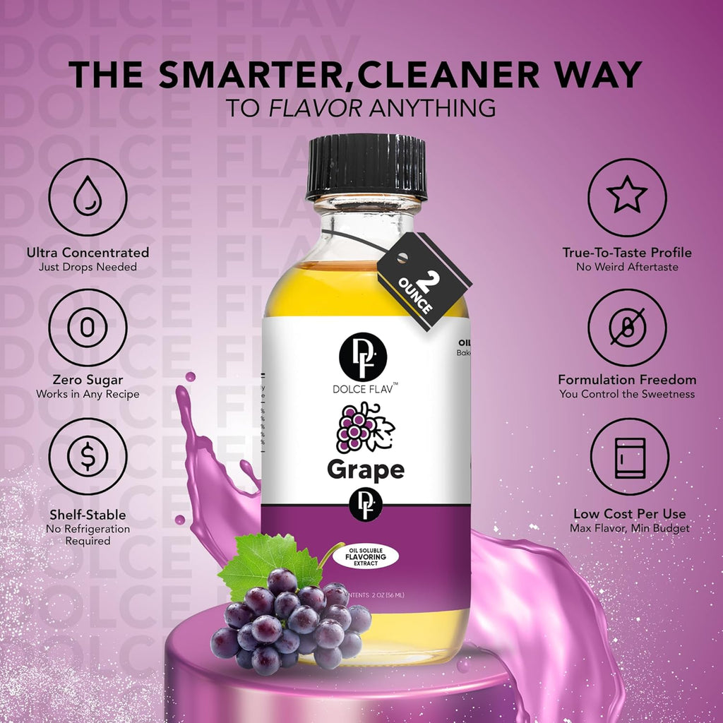 Dolce Flav Grape Extract – 2 Ounce Oil-Soluble Kosher, Sugar-Free, Concentrated Fruit Flavor for Candy, Chocolates & Desserts, Includes Measured Dropper