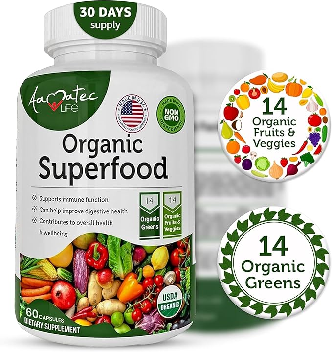 Organic Superfood Greens Fruits and Veggies Complex - Best Dietary Supplement with 14 Greens and 14 Fruits & Vegetables with Alfalfa & Antioxidant Organic Ingredients Non-GMO 240 Capsules