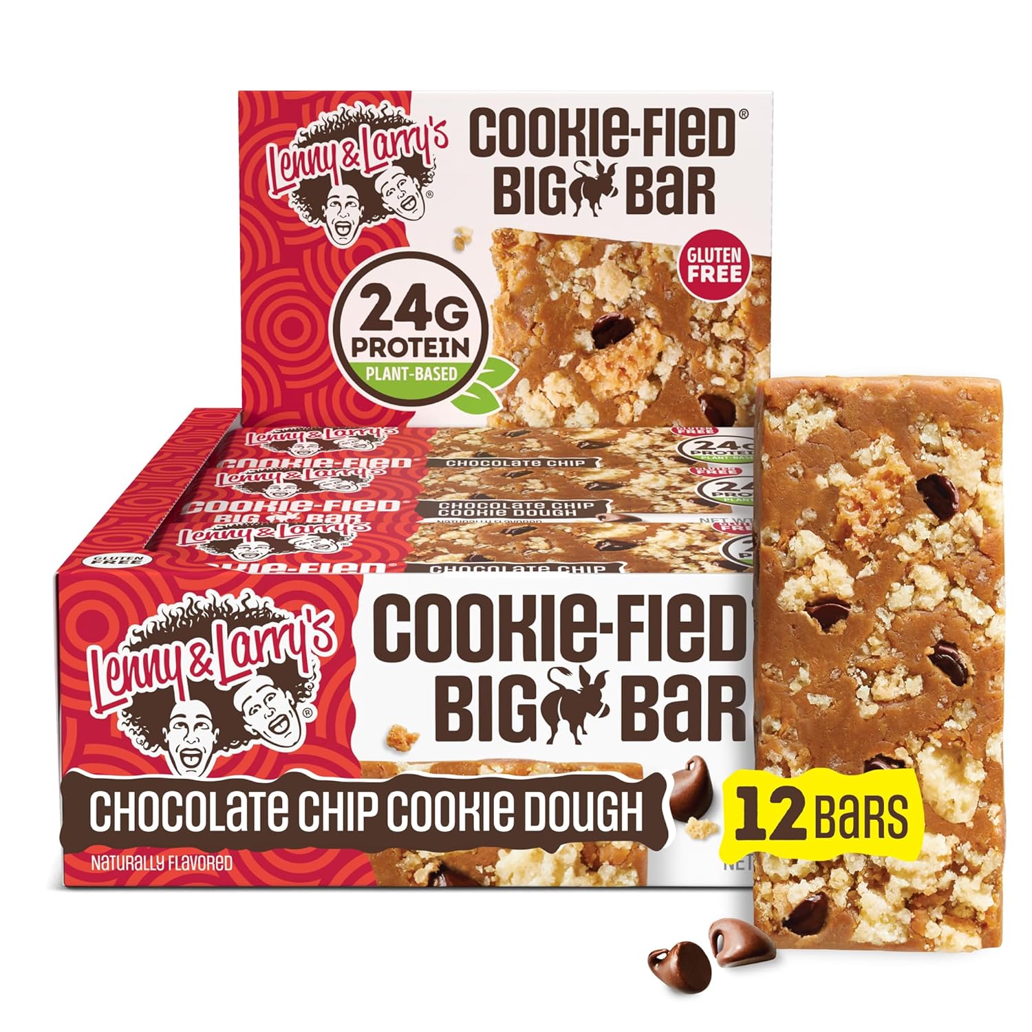 Lenny & Larry's Cookie-fied BIG BAR – Chocolate Chip Cookie Dough Vegan Protein Bars 12x90g – Healthy Snacks, 24g Plant Protein & 10g Prebiotic Fiber – Gluten free Power Bar, Keto Friendly & Vegan