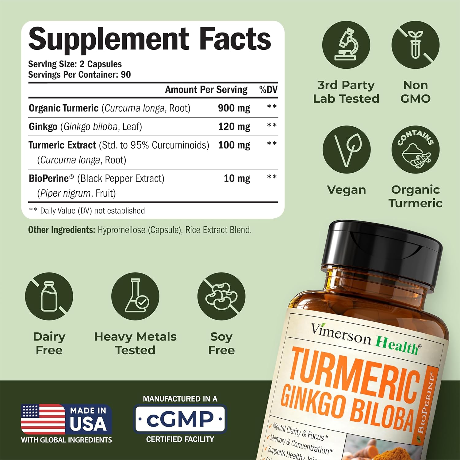 Turmeric Curcumin Supplement with Ginkgo Biloba & Black Pepper – Natural Turmeric Supplement with Organic Tumeric for Joint Support, Brain Clarity, Focus & Memory – Vegan, 180 Ginko Biloba Capsules