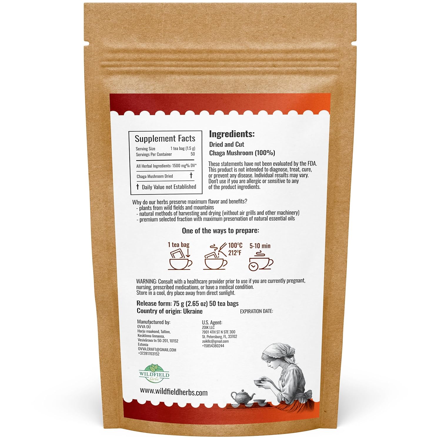 50 Bags Chaga Tea Chaga Mushroom Tea Herbal (Inonotus Obliquus) - 50 Count 1.5g Bags Herb