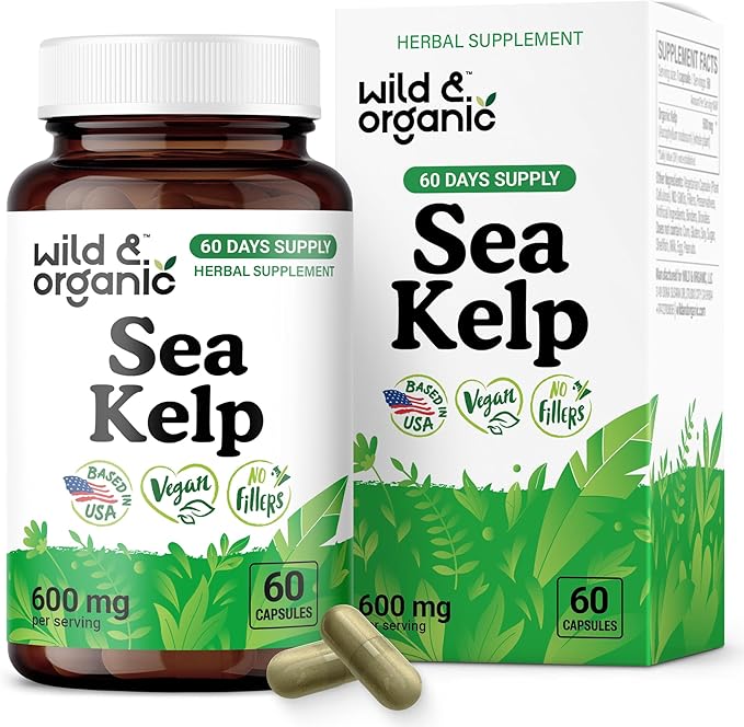 Wild & Organic Sea Kelp Supplement Capsules 600 mg - Immune & Overall Support - Sea Kelp Iodine for Men & Women - Ocean Seaweed Supplement - Vegan, No Fillers, Non-GMO - 60 Count