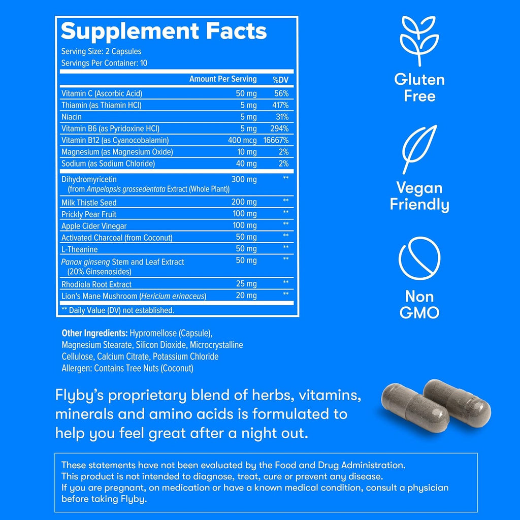 Flyby Recovery Supplement - All The Hang, Without The Over!™ - with Milk Thistle, Vitamin C, Activated Charcoal, and Apple Cider Vinegar - Pre & Post Drinking Formula (20 Count)